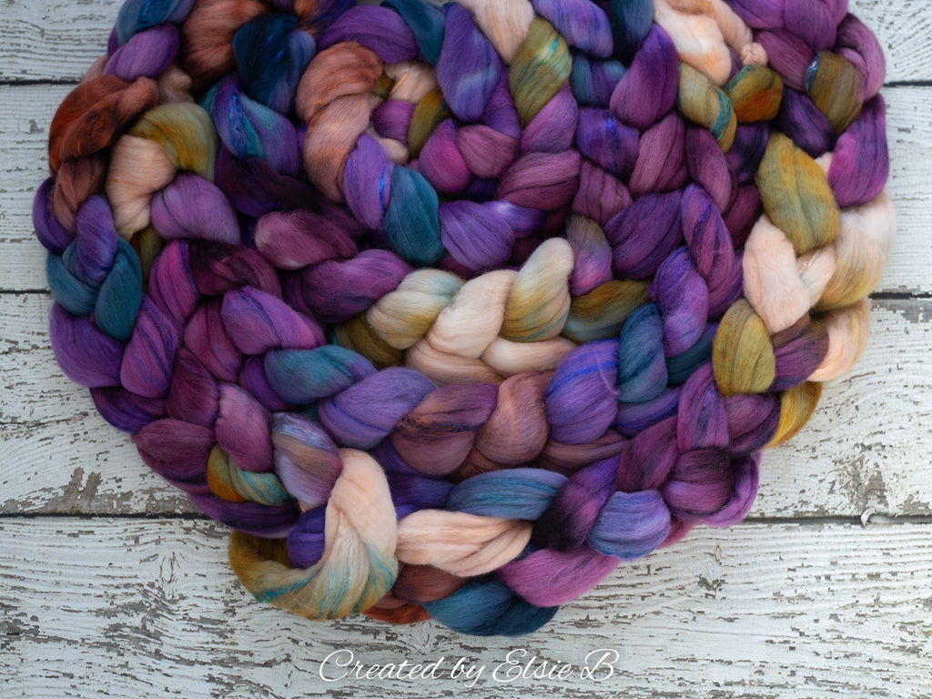 Superfine Merino/ Silk &#39;Fairy Garden&#39; 4 oz blue hand dyed roving, Created by Elsie B spinning fiber, purple combed top, peach wool roving