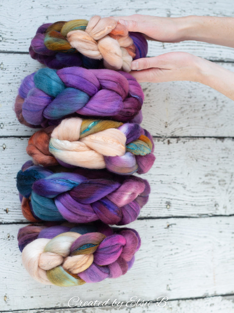 Superfine Merino/ Silk &#39;Fairy Garden&#39; 4 oz blue hand dyed roving, Created by Elsie B spinning fiber, purple combed top, peach wool roving
