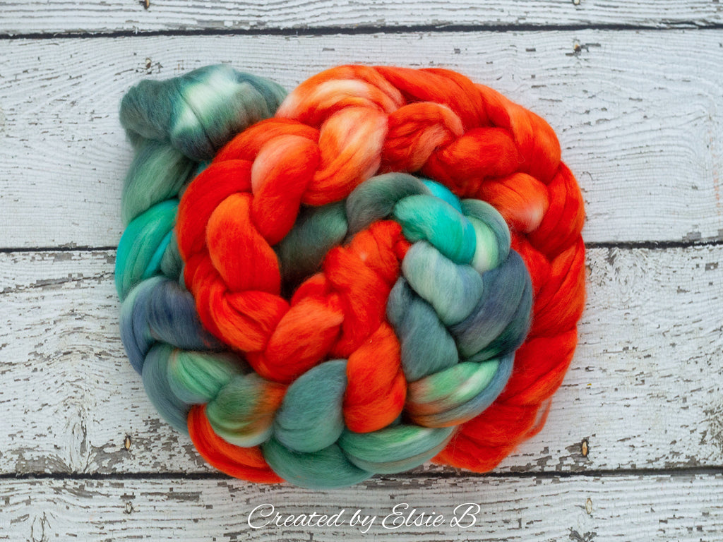 Organic Merino/ Cashmere &#39;Solar Flare&#39; 4 oz semi-solid orange combed top, wool roving by the pound hand dyed  CreatedbyElsieB spinning fiber