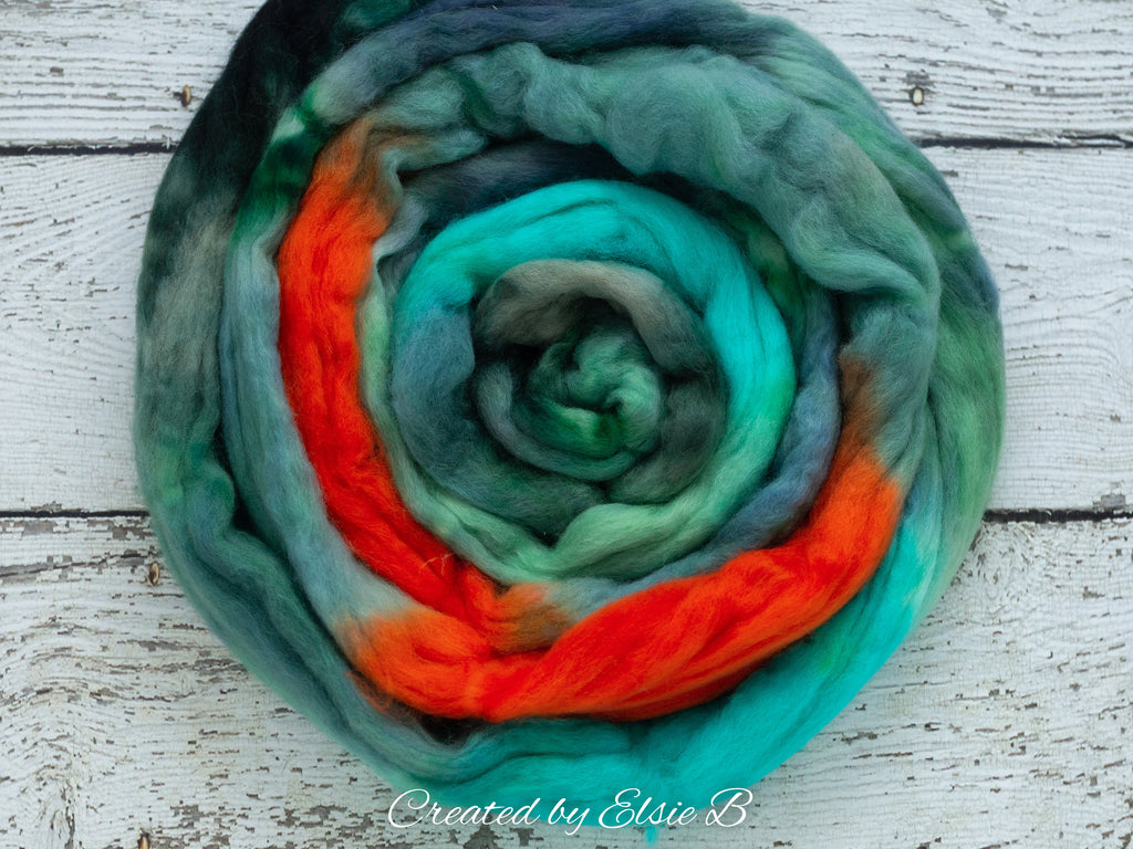 Organic Merino/ Cashmere &#39;Tree Frog&#39; 4 oz combed top, wool roving by the pound, green hand dyed roving, CreatedbyElsieB blue spinning fiber