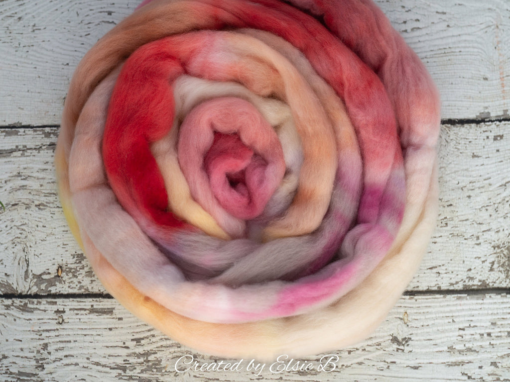 Falkland Merino &#39;Dancing Tulips&#39; 4 oz hand dyed pink spinning fiber, wool roving for spinning,  hand dyed roving, CreatedbyElsieB combed top