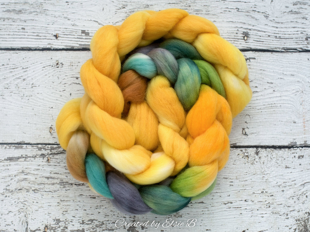 Corriedale &#39;Buttercup&#39; 4 oz semi solid hand dyed yellow combed top, spinning fiber, wool roving for spinning, Created by ElsieB gold fiber