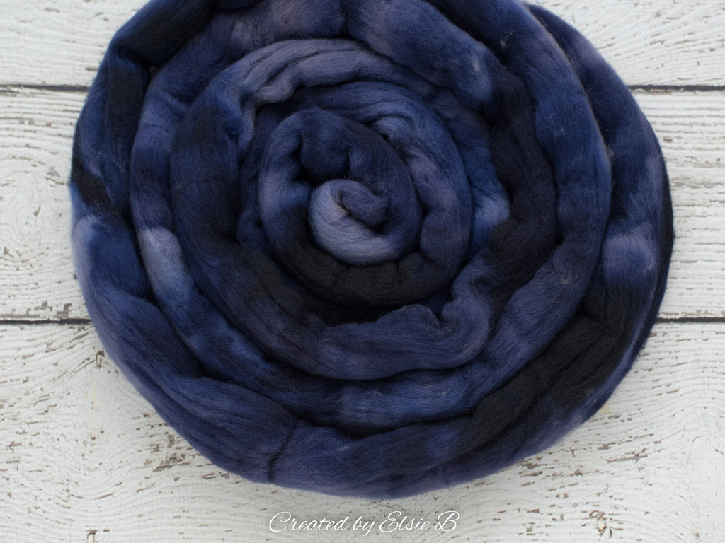 Targhee &#39;Navy&#39; 4 oz semi-solid blue hand dyed spinning fiber, blue dyed roving by the pound, Created by ElsieB combed top, wool roving