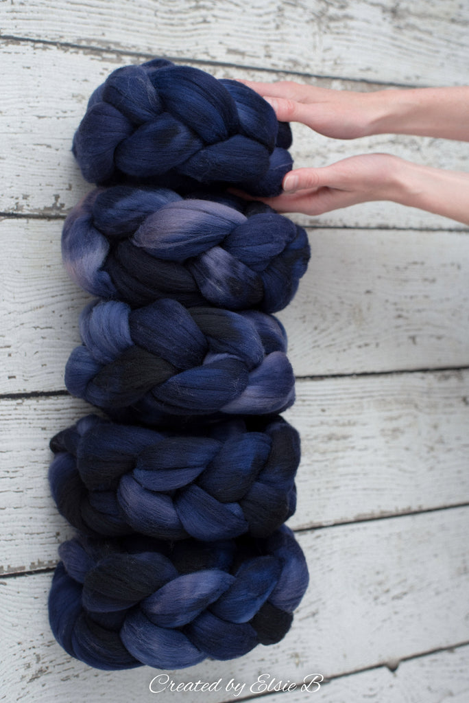 Targhee &#39;Navy&#39; 4 oz semi-solid blue hand dyed spinning fiber, blue dyed roving by the pound, Created by ElsieB combed top, wool roving