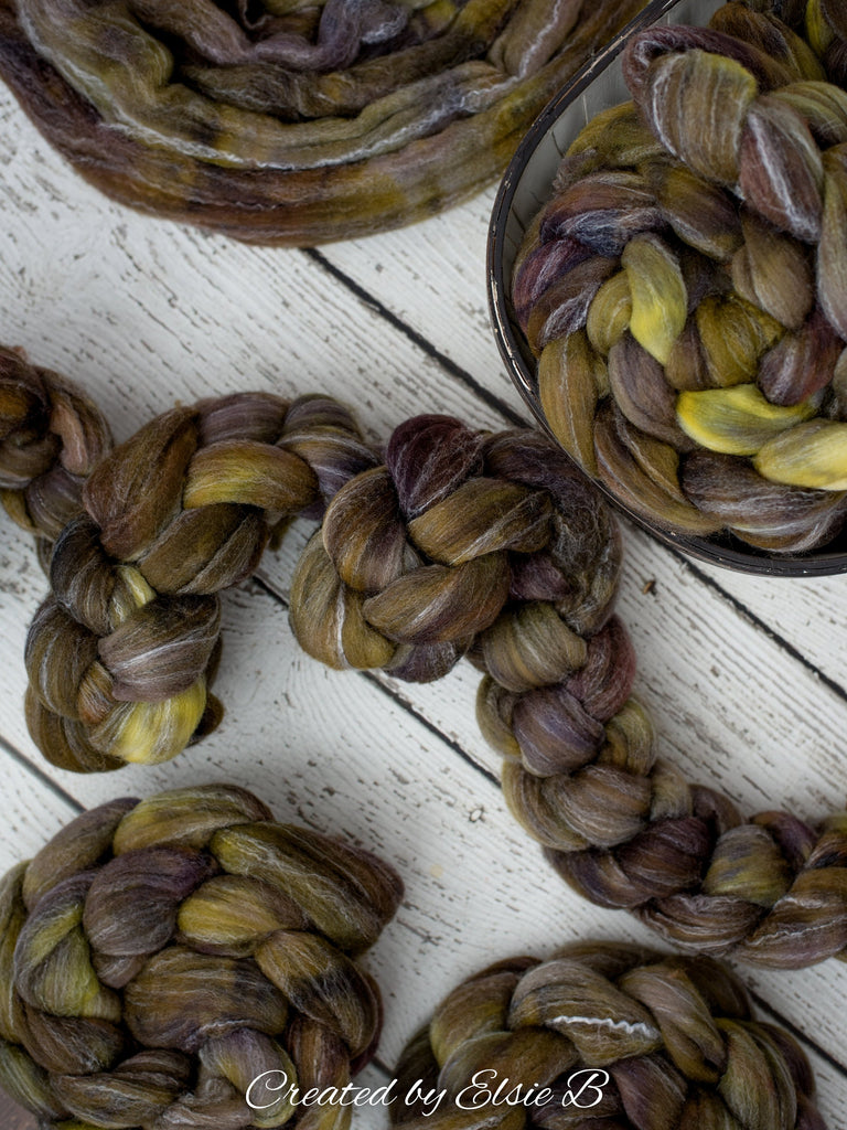 Targhee/ Bamboo/ Silk &#39;Tapenade&#39; 4 oz semi-solid brown spinning fiber, hand dyed roving by the pound, Created by Elsie B wool combed top