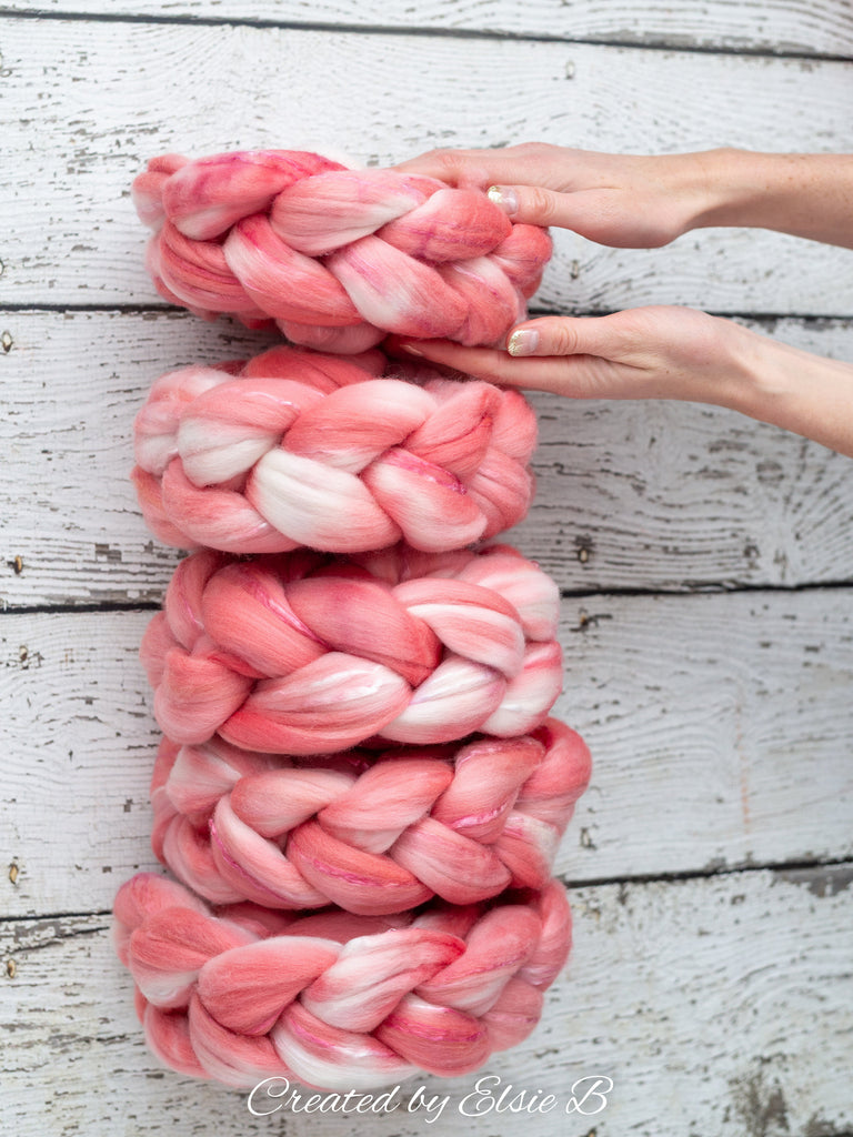 Superfine Merino/ Silk &#39;Pink Coral&#39; 4 oz semi-solid hand dyed roving, Created by ElsieB spinning fiber, pink combed top, wool for spinning
