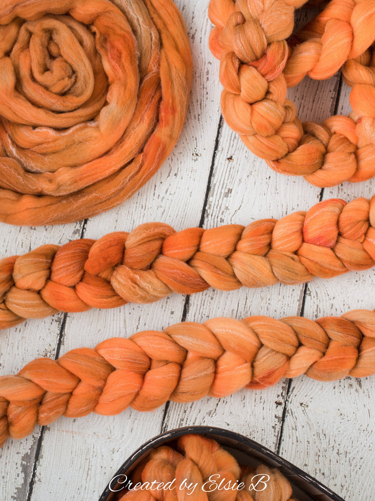 Targhee/ Bamboo/ Silk &#39;Spiced Pumpkin&#39; 4 oz semi-solid orange spinning fiber, hand dyed roving by the pound, CreatedbyElsieB wool combed top