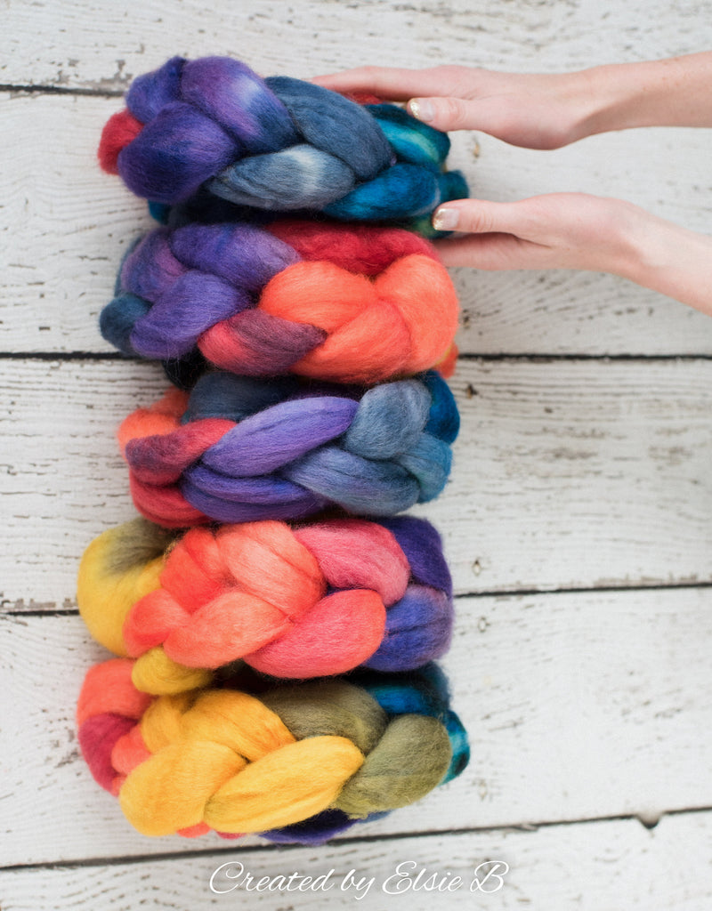 Blue Faced Leicester &#39;Color Wheel&#39; 4 oz combed top, BFL hand dyed spinning fiber, CreatedbyElsieB rainbow wool roving for spinning