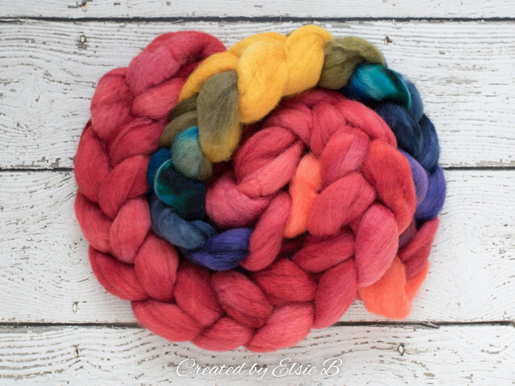 Blue Faced Leicester &#39;Cherry&#39; 4 oz semi-solid red combed top, BFL dyed spinning fiber, Created by Elsie B wool roving for felting or weaving