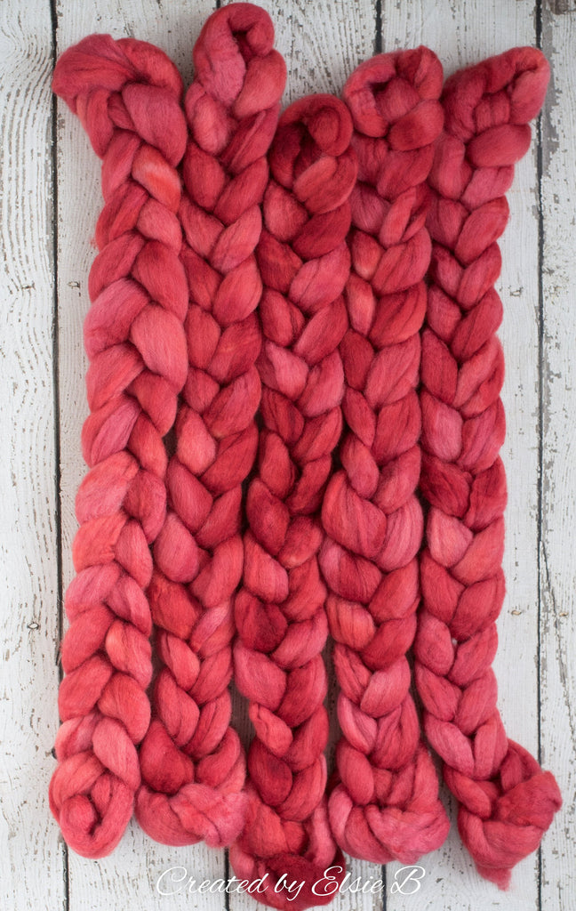 Blue Faced Leicester &#39;Cherry&#39; 4 oz semi-solid red combed top, BFL dyed spinning fiber, Created by Elsie B wool roving for felting or weaving