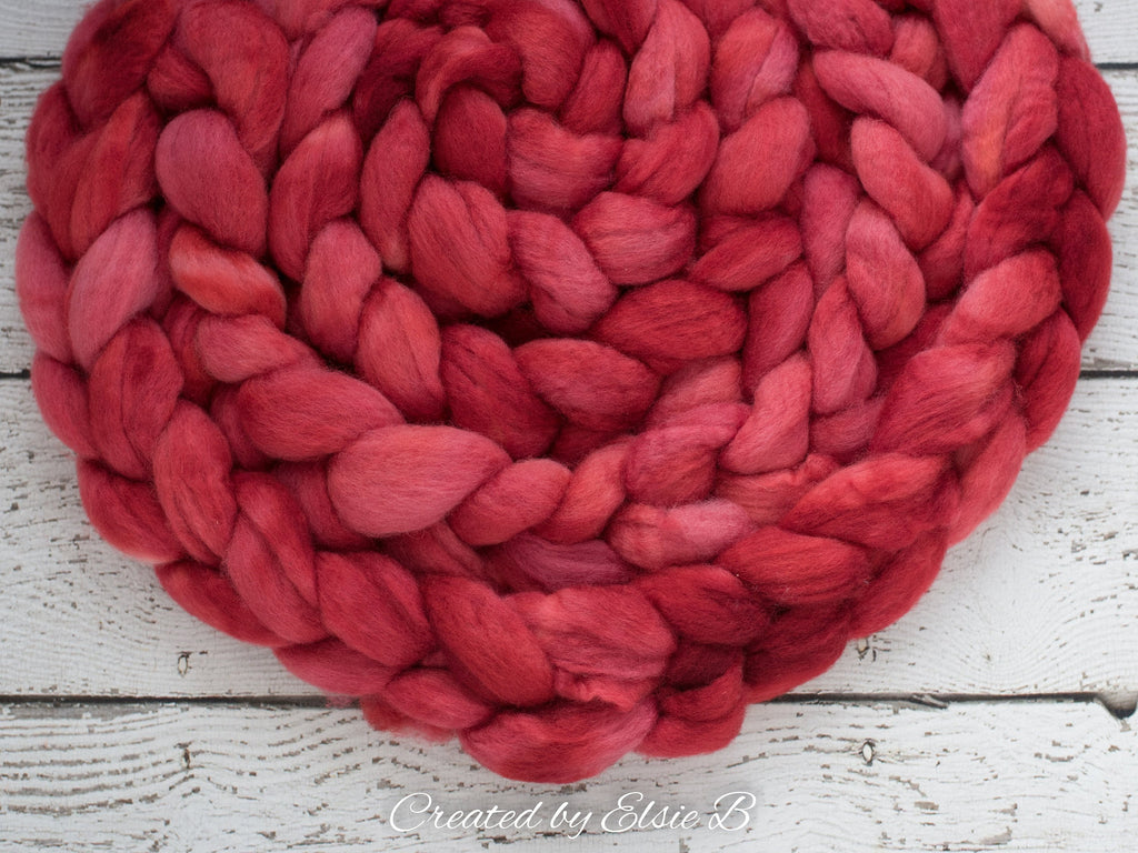 Blue Faced Leicester &#39;Cherry&#39; 4 oz semi-solid red combed top, BFL dyed spinning fiber, Created by Elsie B wool roving for felting or weaving