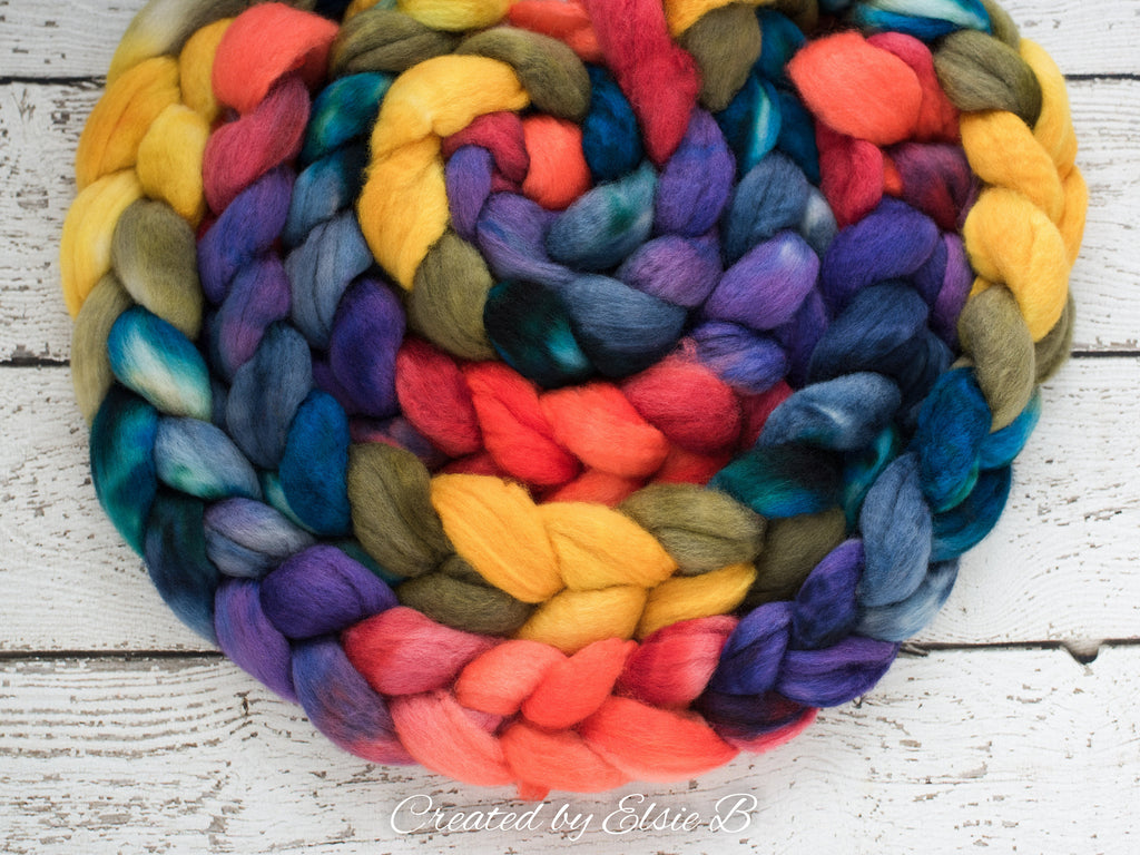 Blue Faced Leicester &#39;Color Wheel&#39; 4 oz combed top, BFL hand dyed spinning fiber, CreatedbyElsieB rainbow wool roving for spinning
