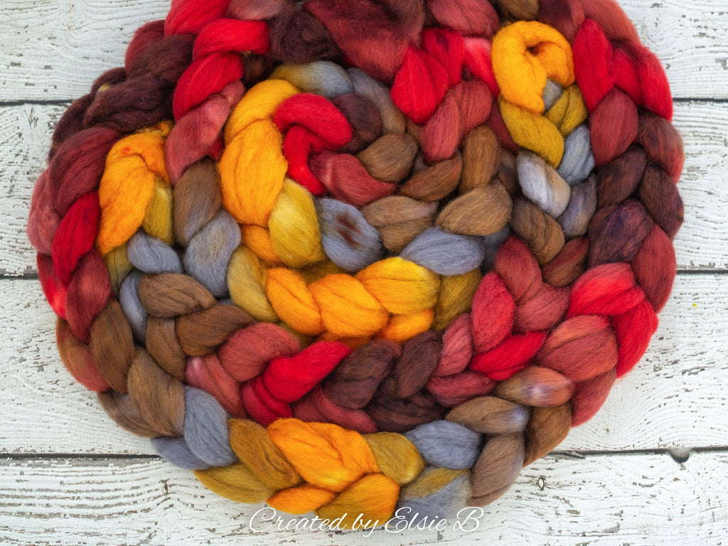 Blue Faced Leicester &#39;Wildfire&#39; 4 oz combed top, BFL hand dyed orange spinning fiber, Created by Elsie B red roving for spinning or felting