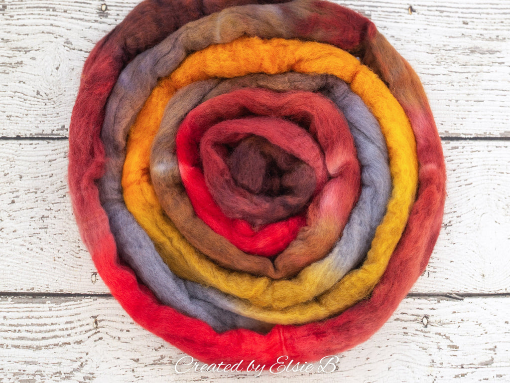 Blue Faced Leicester &#39;Wildfire&#39; 4 oz combed top, BFL hand dyed orange spinning fiber, Created by Elsie B red roving for spinning or felting