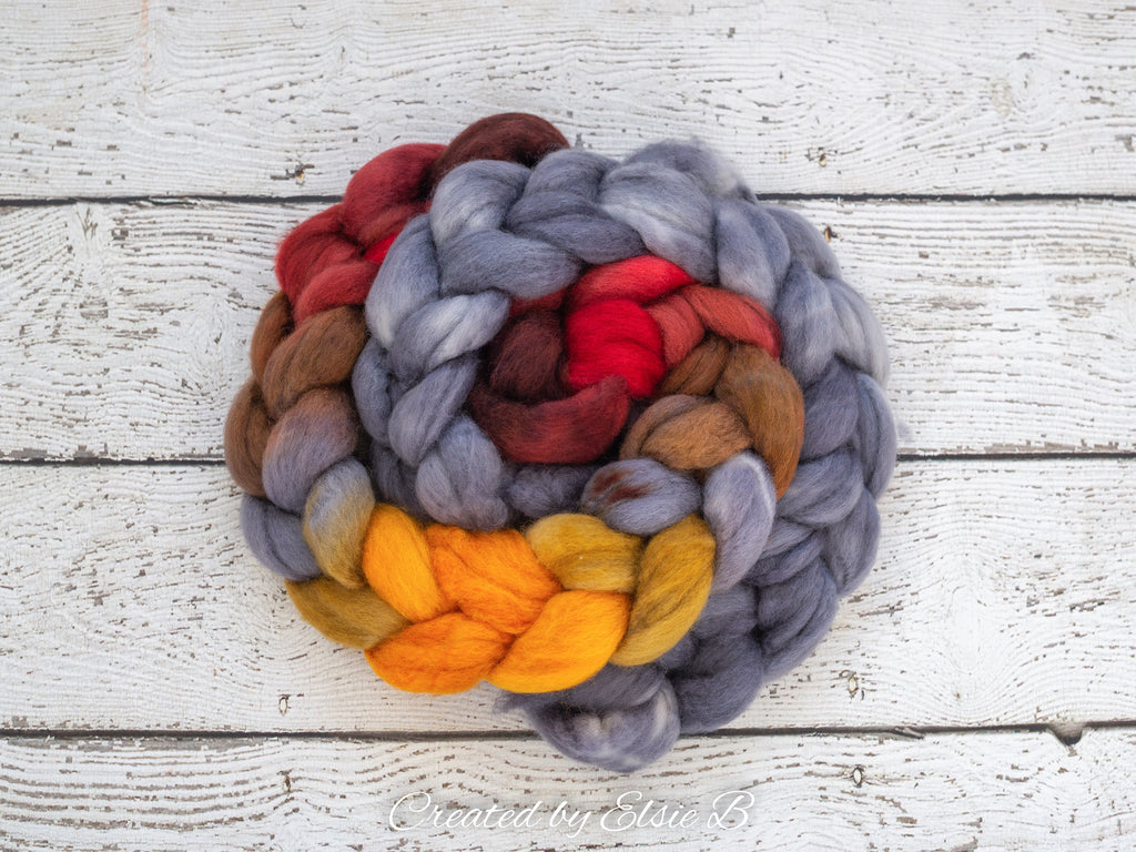 Blue Faced Leicester &#39;Wildfire&#39; 4 oz combed top, BFL hand dyed orange spinning fiber, Created by Elsie B red roving for spinning or felting