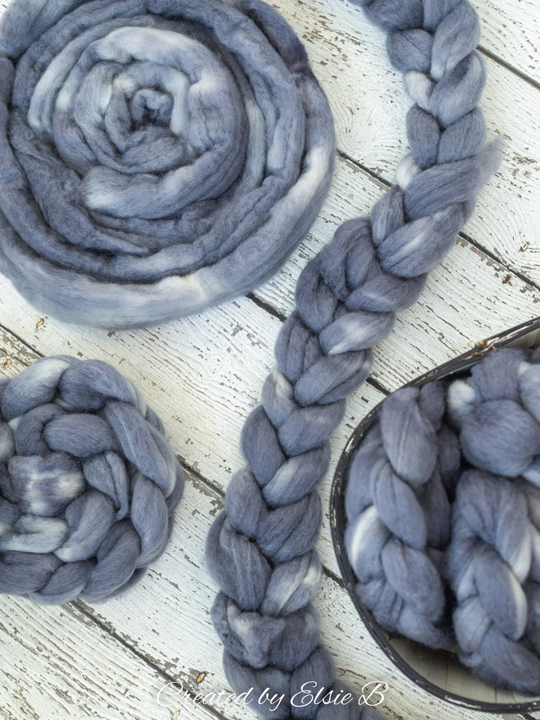 Blue Faced Leicester &#39;Titanium&#39; 4 oz semi-solid gray combed top, BFL dyed spinning fiber, CreatedbyElsieB wool roving for felting or weaving