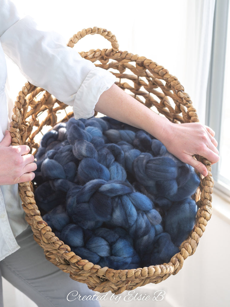 Blue Faced Leicester &#39;Denim&#39; 4 oz semi-solid blue combed top, BFL dyed spinning fiber, Created by Elsie B wool roving for felting or weaving