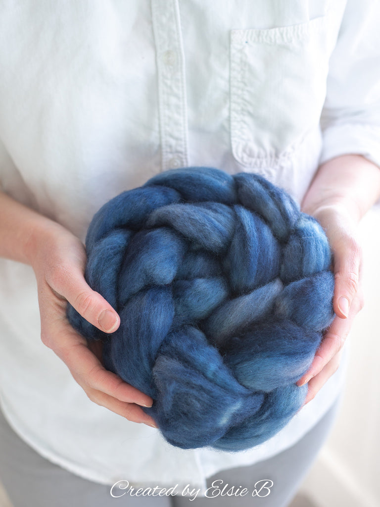 Blue Faced Leicester &#39;Denim&#39; 4 oz semi-solid blue combed top, BFL dyed spinning fiber, Created by Elsie B wool roving for felting or weaving