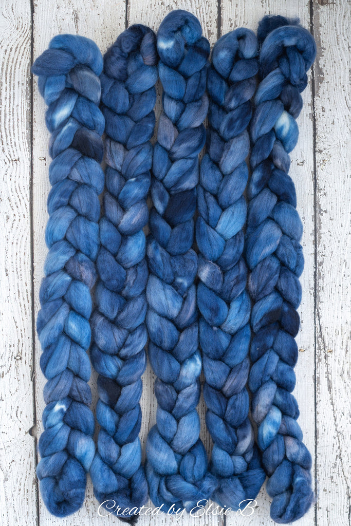 Blue Faced Leicester &#39;Denim&#39; 4 oz semi-solid blue combed top, BFL dyed spinning fiber, Created by Elsie B wool roving for felting or weaving