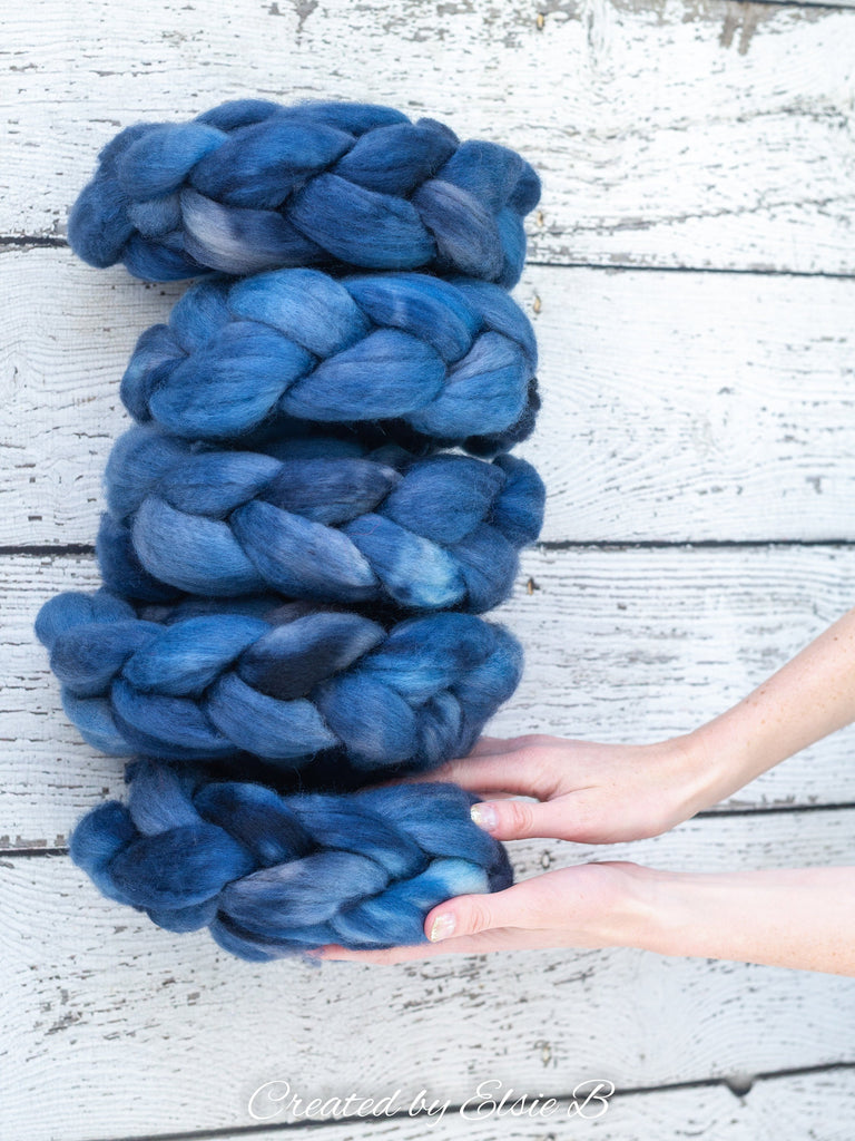 Blue Faced Leicester &#39;Denim&#39; 4 oz semi-solid blue combed top, BFL dyed spinning fiber, Created by Elsie B wool roving for felting or weaving