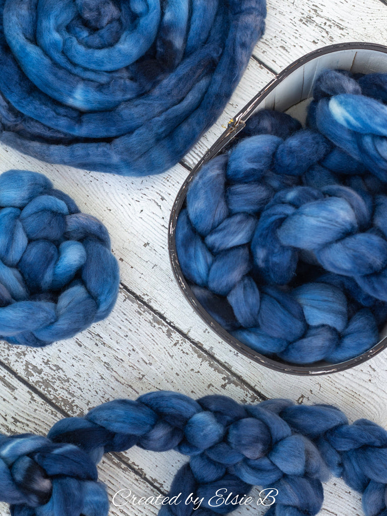 Blue Faced Leicester &#39;Denim&#39; 4 oz semi-solid blue combed top, BFL dyed spinning fiber, Created by Elsie B wool roving for felting or weaving
