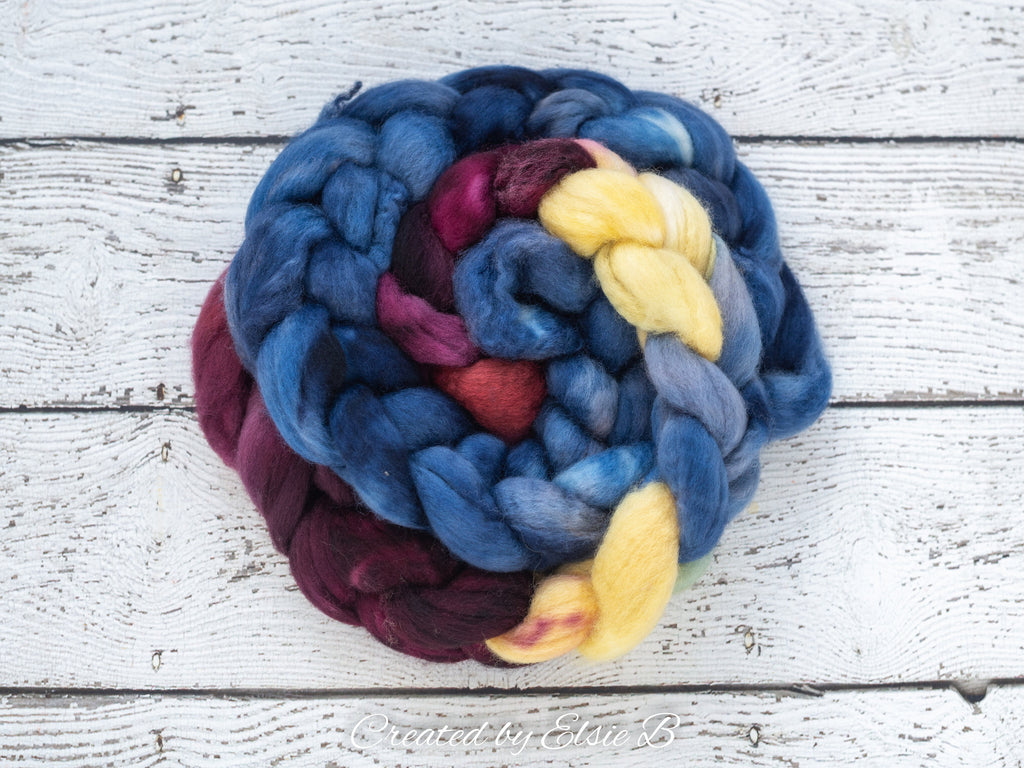 Blue Faced Leicester &#39;Denim&#39; 4 oz semi-solid blue combed top, BFL dyed spinning fiber, Created by Elsie B wool roving for felting or weaving