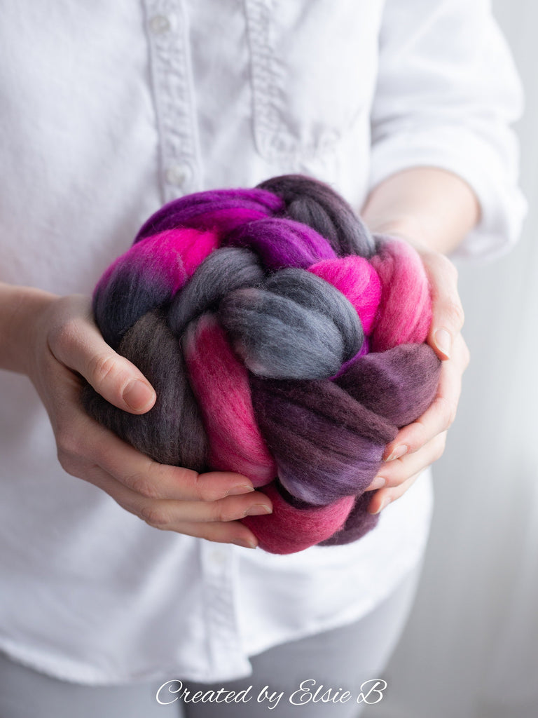 Polwarth/ Silk &#39;Derby Girl&#39; 4 oz pink spinning fiber, purple wool, CreatedbyElsieB combed top, black wool silk roving for felting or weaving