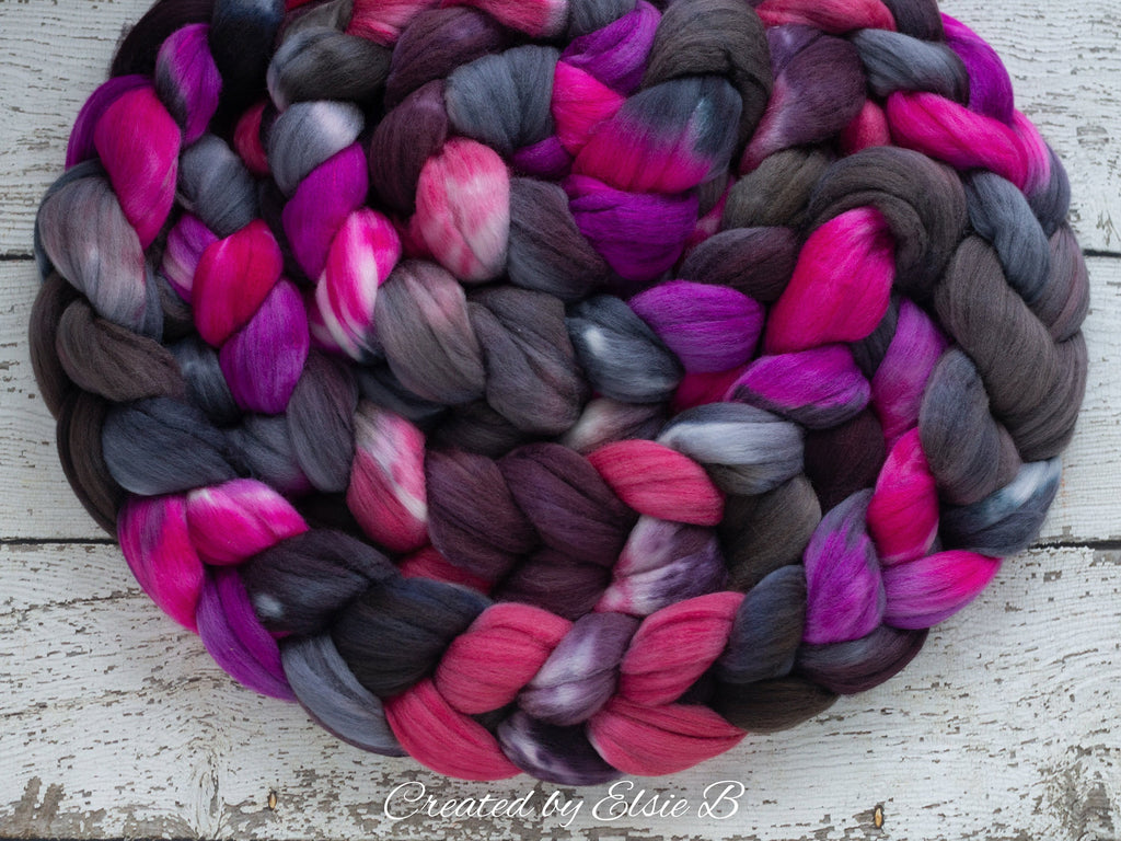 Polwarth/ Silk &#39;Derby Girl&#39; 4 oz pink spinning fiber, purple wool, CreatedbyElsieB combed top, black wool silk roving for felting or weaving