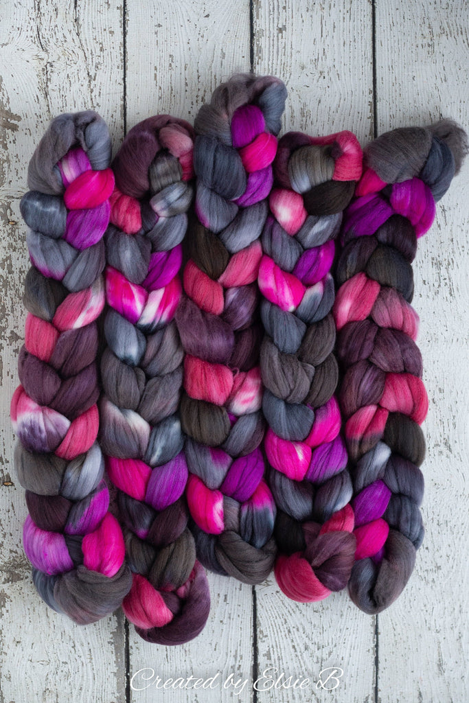 Polwarth/ Silk &#39;Derby Girl&#39; 4 oz pink spinning fiber, purple wool, CreatedbyElsieB combed top, black wool silk roving for felting or weaving