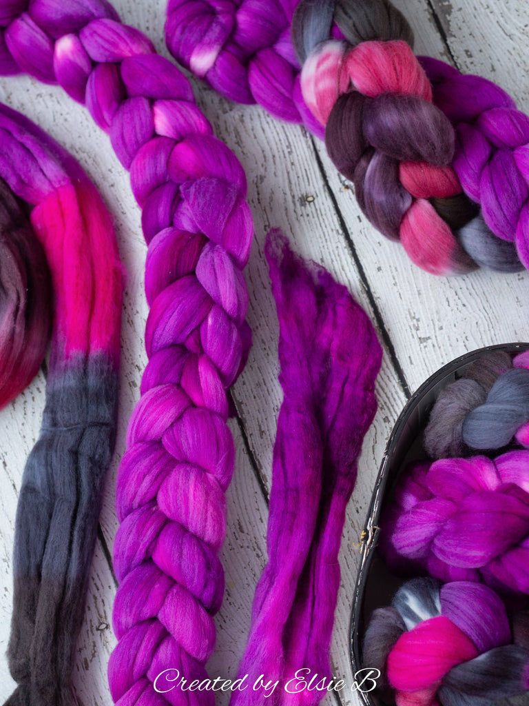 Polwarth/ Silk &#39;Derby Girl&#39; 4 oz pink spinning fiber, purple wool, CreatedbyElsieB combed top, black wool silk roving for felting or weaving