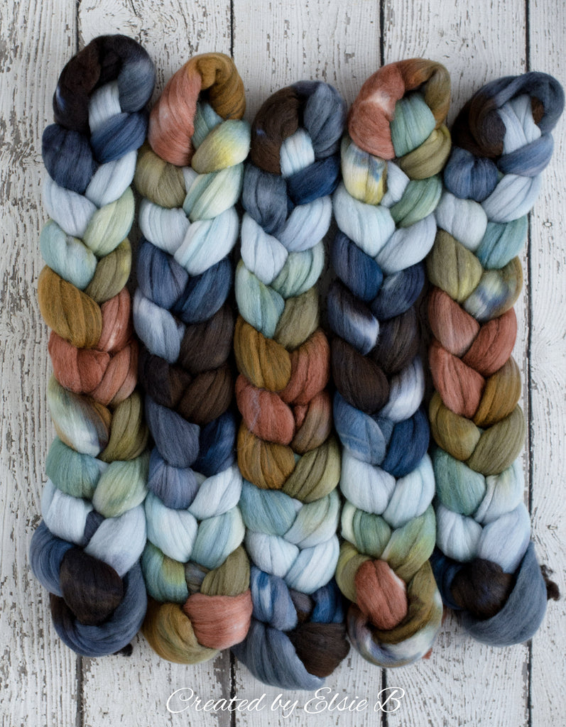 Polwarth/ Silk &#39;Big Sky Country&#39; 4 oz blue spinning fiber, green wool, Created by ElsieB combed top, wool silk roving for felting or weaving