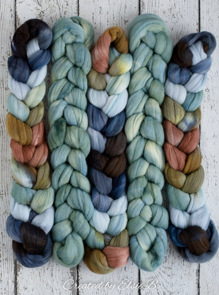 Polwarth/ Silk &#39;Big Sky Country&#39; 4 oz blue spinning fiber, green wool, Created by ElsieB combed top, wool silk roving for felting or weaving