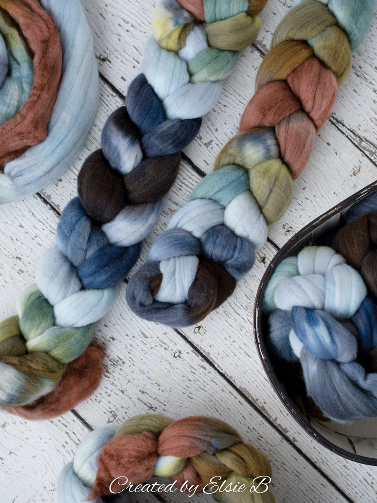 Polwarth/ Silk &#39;Big Sky Country&#39; 4 oz blue spinning fiber, green wool, Created by ElsieB combed top, wool silk roving for felting or weaving