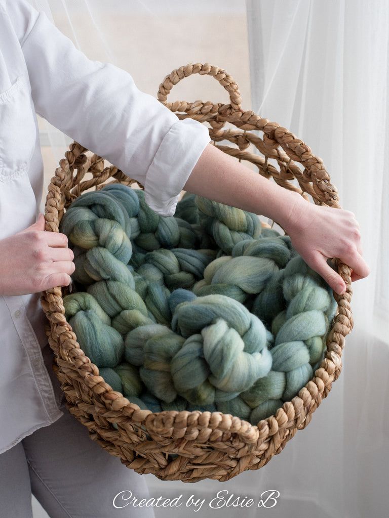 Polwarth/ Silk &#39;Patina&#39; 4 oz semi-solid dyed spinning fiber, green wool roving, Created by ElsieB combed top, wool & silk roving for weaving