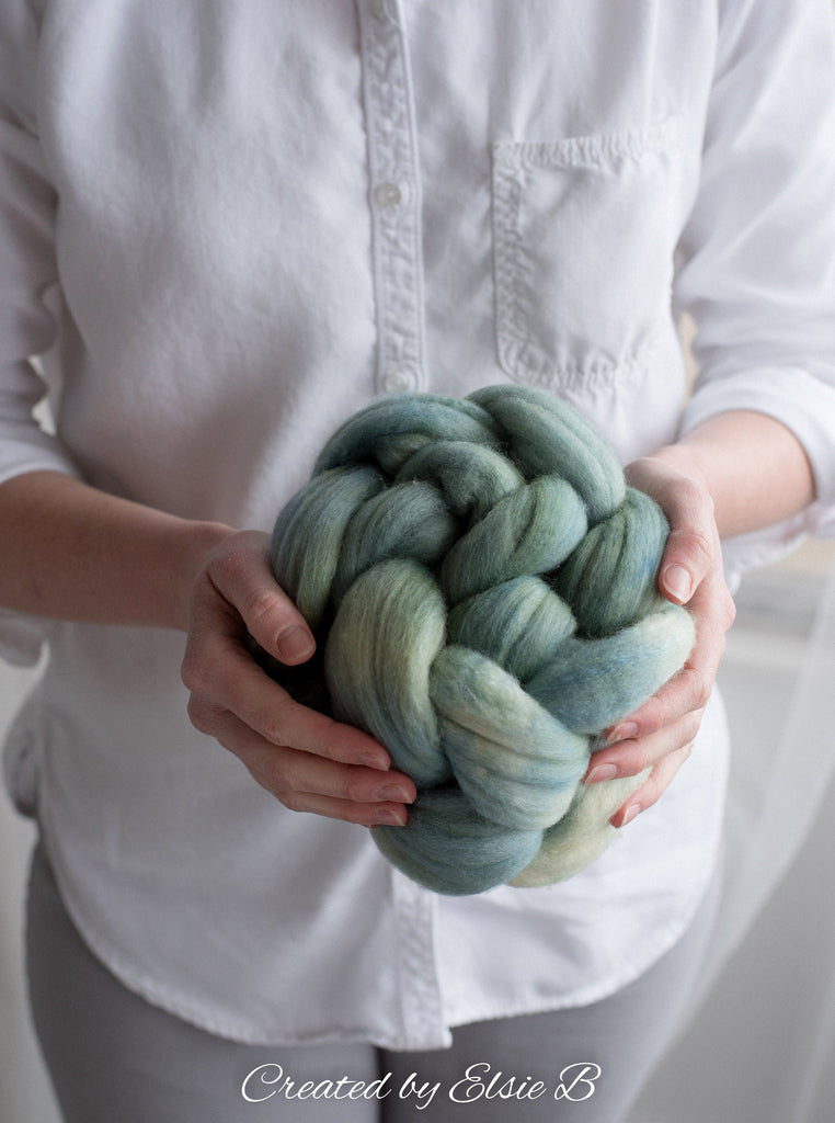 Polwarth/ Silk &#39;Patina&#39; 4 oz semi-solid dyed spinning fiber, green wool roving, Created by ElsieB combed top, wool & silk roving for weaving