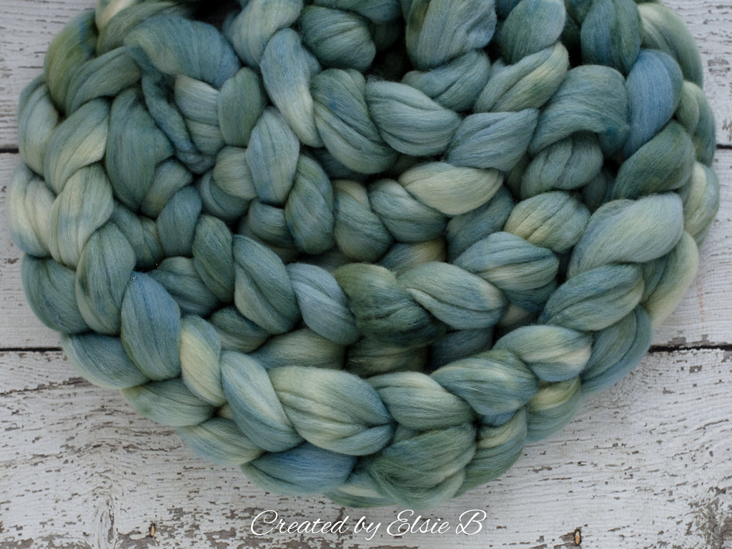 Polwarth/ Silk &#39;Patina&#39; 4 oz semi-solid dyed spinning fiber, green wool roving, Created by ElsieB combed top, wool & silk roving for weaving