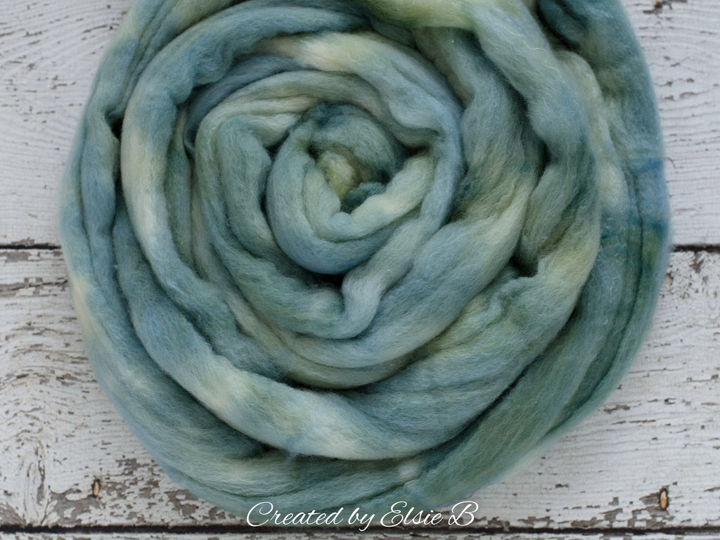 Polwarth/ Silk &#39;Patina&#39; 4 oz semi-solid dyed spinning fiber, green wool roving, Created by ElsieB combed top, wool & silk roving for weaving