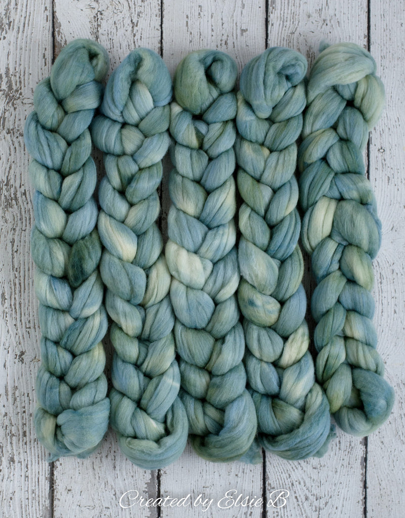 Polwarth/ Silk &#39;Patina&#39; 4 oz semi-solid dyed spinning fiber, green wool roving, Created by ElsieB combed top, wool & silk roving for weaving