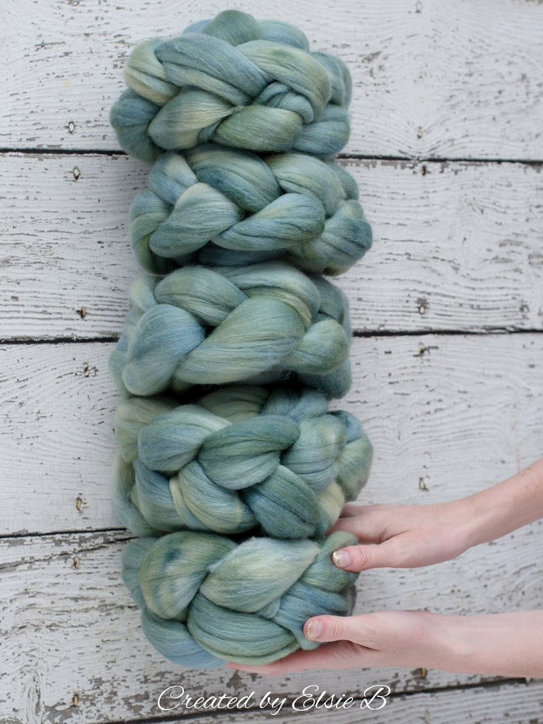 Polwarth/ Silk &#39;Patina&#39; 4 oz semi-solid dyed spinning fiber, green wool roving, Created by ElsieB combed top, wool & silk roving for weaving