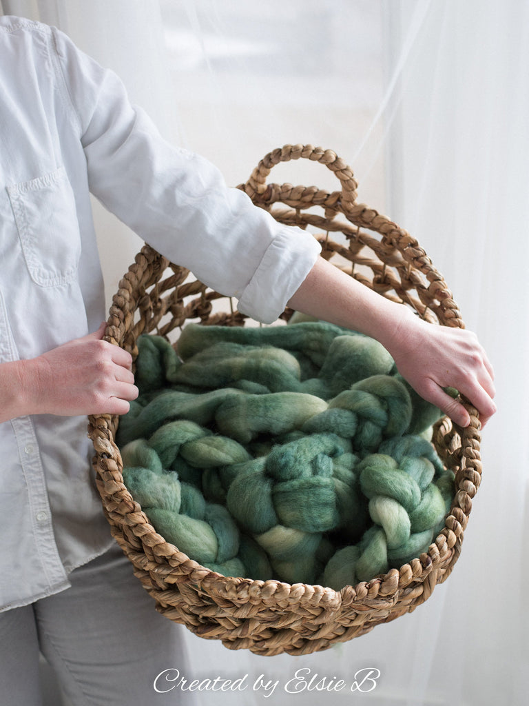 Blue Faced Leicester &#39;Lambs Ear&#39; 4 oz semi-solid green combed top, BFL dyed spinning fiber, Created by Elsie B wool for felting or weaving