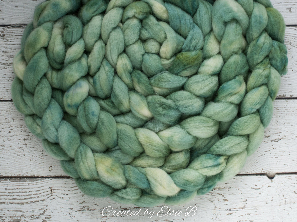 Blue Faced Leicester &#39;Lambs Ear&#39; 4 oz semi-solid green combed top, BFL dyed spinning fiber, Created by Elsie B wool for felting or weaving