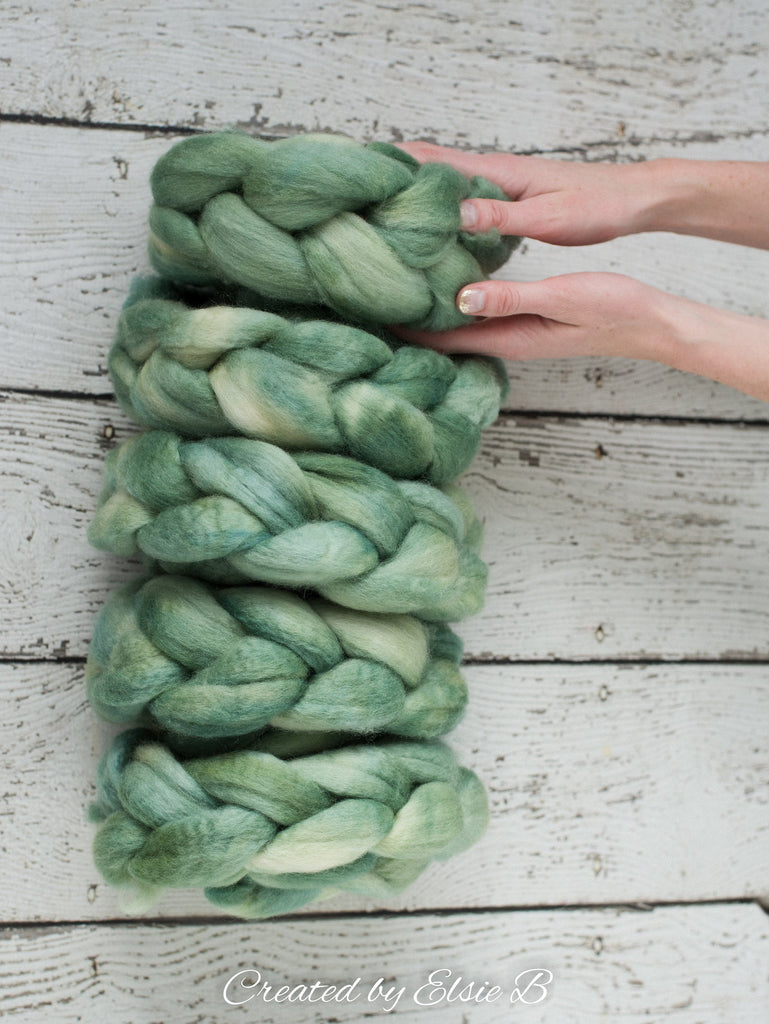 Blue Faced Leicester &#39;Lambs Ear&#39; 4 oz semi-solid green combed top, BFL dyed spinning fiber, Created by Elsie B wool for felting or weaving