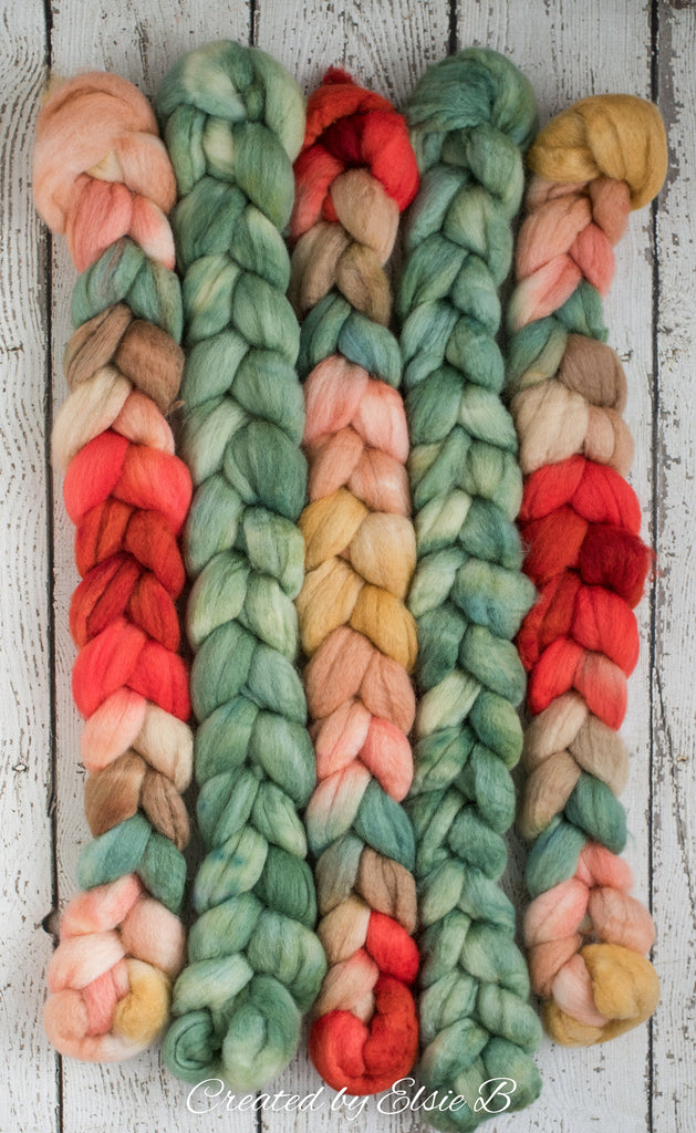 Blue Faced Leicester &#39;Lambs Ear&#39; 4 oz semi-solid green combed top, BFL dyed spinning fiber, Created by Elsie B wool for felting or weaving