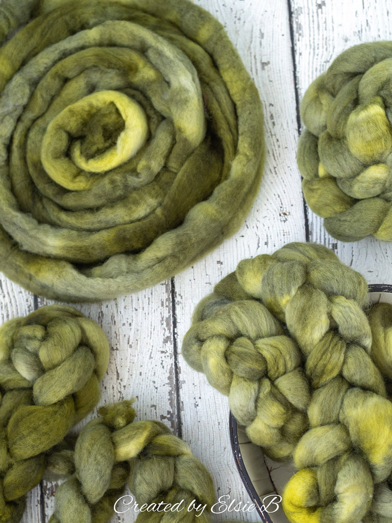 Blue Faced Leicester &#39;Spanish Moss&#39; 4 oz semi-solid green combed top, BFL hand dyed top, spinning fiber, CreatedbyElsieB felting wool roving