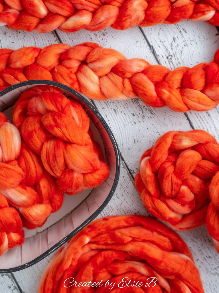 Organic Merino/ Cashmere &#39;Solar Flare&#39; 4 oz semi-solid orange combed top, wool roving by the pound hand dyed  CreatedbyElsieB spinning fiber