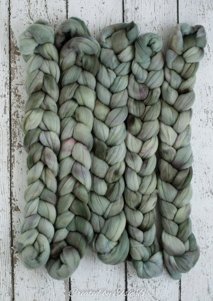 Polwarth &#39;Mossy Path&#39; 4 oz semi-solid combed top for spinning, Created by ElsieB spinning fiber, hand dyed wool roving, learning to spin