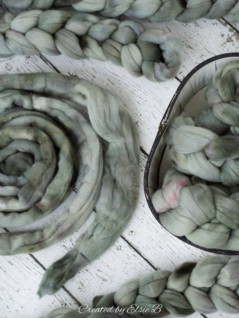 Polwarth &#39;Mossy Path&#39; 4 oz semi-solid combed top for spinning, Created by ElsieB spinning fiber, hand dyed wool roving, learning to spin