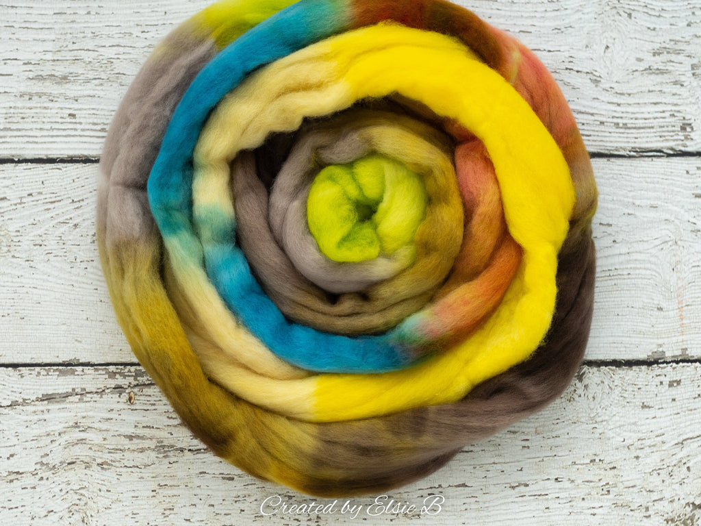 Polwarth &#39;Neon Bohemian&#39; 4 oz brown combed top for spinning, CreatedbyElsieB spinning fiber, green wool by the pound, blue hand dyed roving