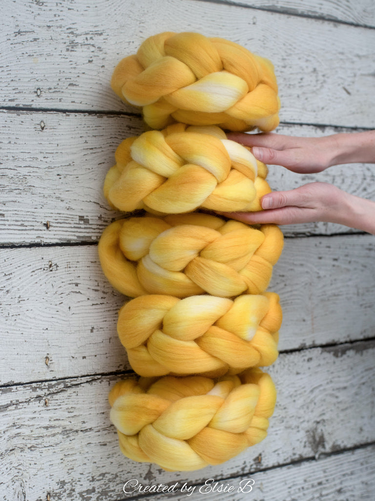 Corriedale &#39;Buttercup&#39; 4 oz semi solid hand dyed yellow combed top, spinning fiber, wool roving for spinning, Created by ElsieB gold fiber