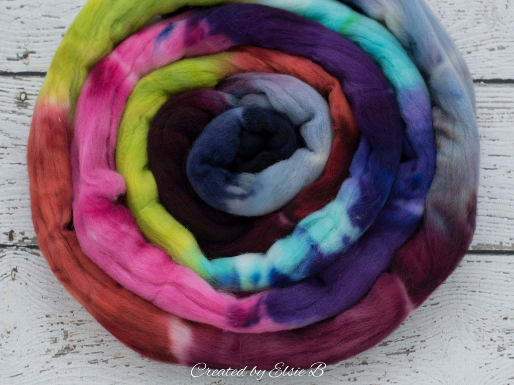 Targhee &#39;Candy Mountain&#39; 4 oz hand dyed spinning fiber, pink dyed roving, CreatedbyElsieB green combed top, rainbow wool roving by the pound